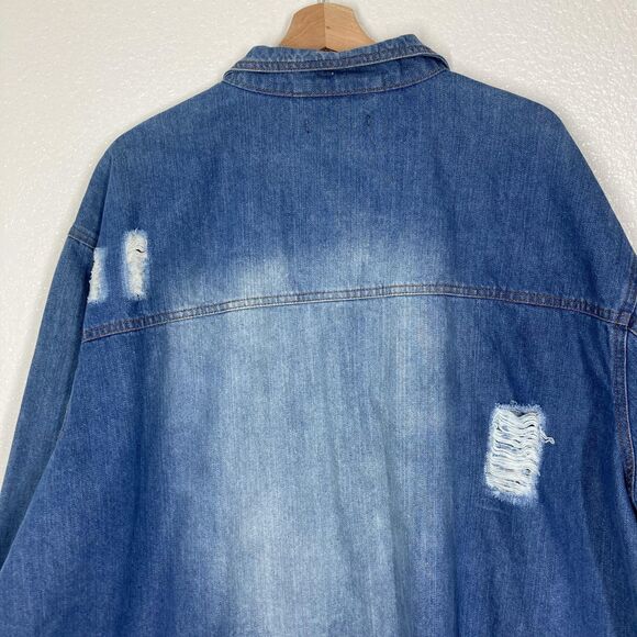 Taxi Denim Jacket Womens 3X Blue Distressed Longline Button Front Jean Coat - Picture 15 of 16